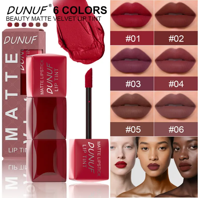 1PC TikTok EU Velvet Matte Lip Stain 6 Colors DUNUF Rich Pigment Non Dry Lip Tint Cover Lip Lines Multi Shades For Date Dinner Party All Day Cosmetic Gift