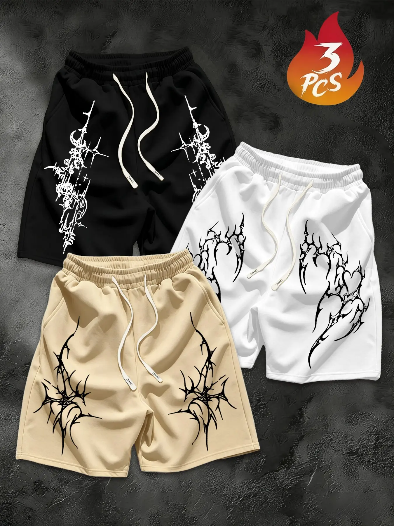 Men's 3-Pack Gothic Tribal Print Drawstring Shorts, Casual Graphic Shorts, Casual Streetwear, Elastic Waist, Loose Fit, Sporty Fitness Pants