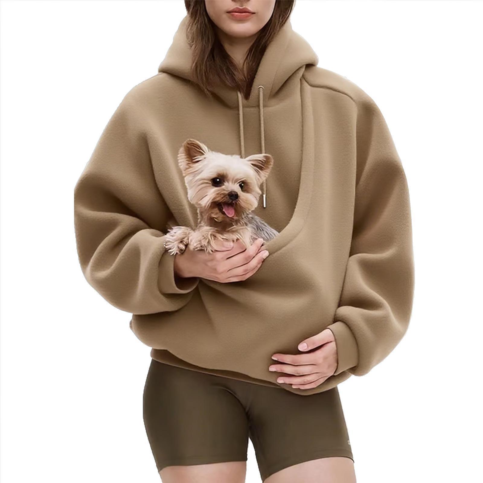 Autumn and Winter Solid Color Hooded Plush Pet Pocket Loose Pullover Sweatshirt for Women Fashionable Warm Cold Resistant Polyester,Gift
