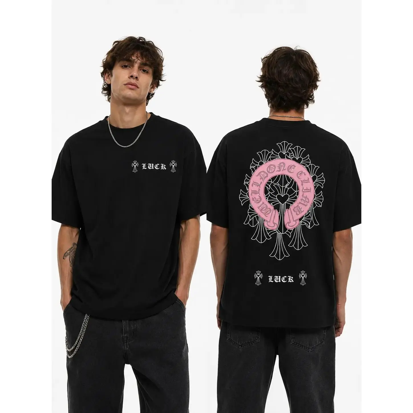 Men's 2026 Spring Refresh Classic Fit T-Shirt Horseshoe Gothic Graphic Print High Street Casual Tee Cotton Breathable Short Sleeve Streetwear Top - Menswear, Fabric
