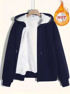 Women's Oversized Casual Plain Jacket, Fall Winter Fleece Coat with Hat Cord, Long Sleeve Zipper Medium Stretch Outerwear