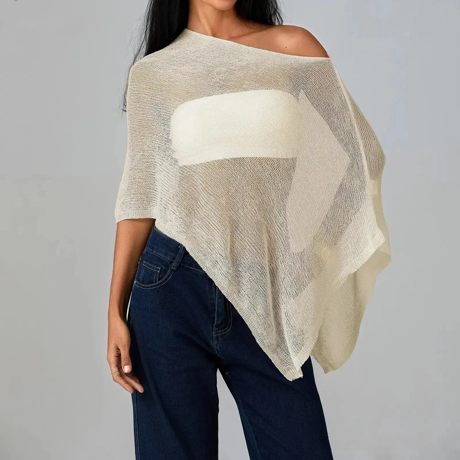 Y2K Style Solid Color Crochet Knit Sheer Poncho Shrug, Irregular Hem Loose See Through Lightweight Shawl, Versatile Beach Swimsuit Cover Up Perfect For Summer Vacation, Poolside Relaxing And Daily Casual Outfit Matching