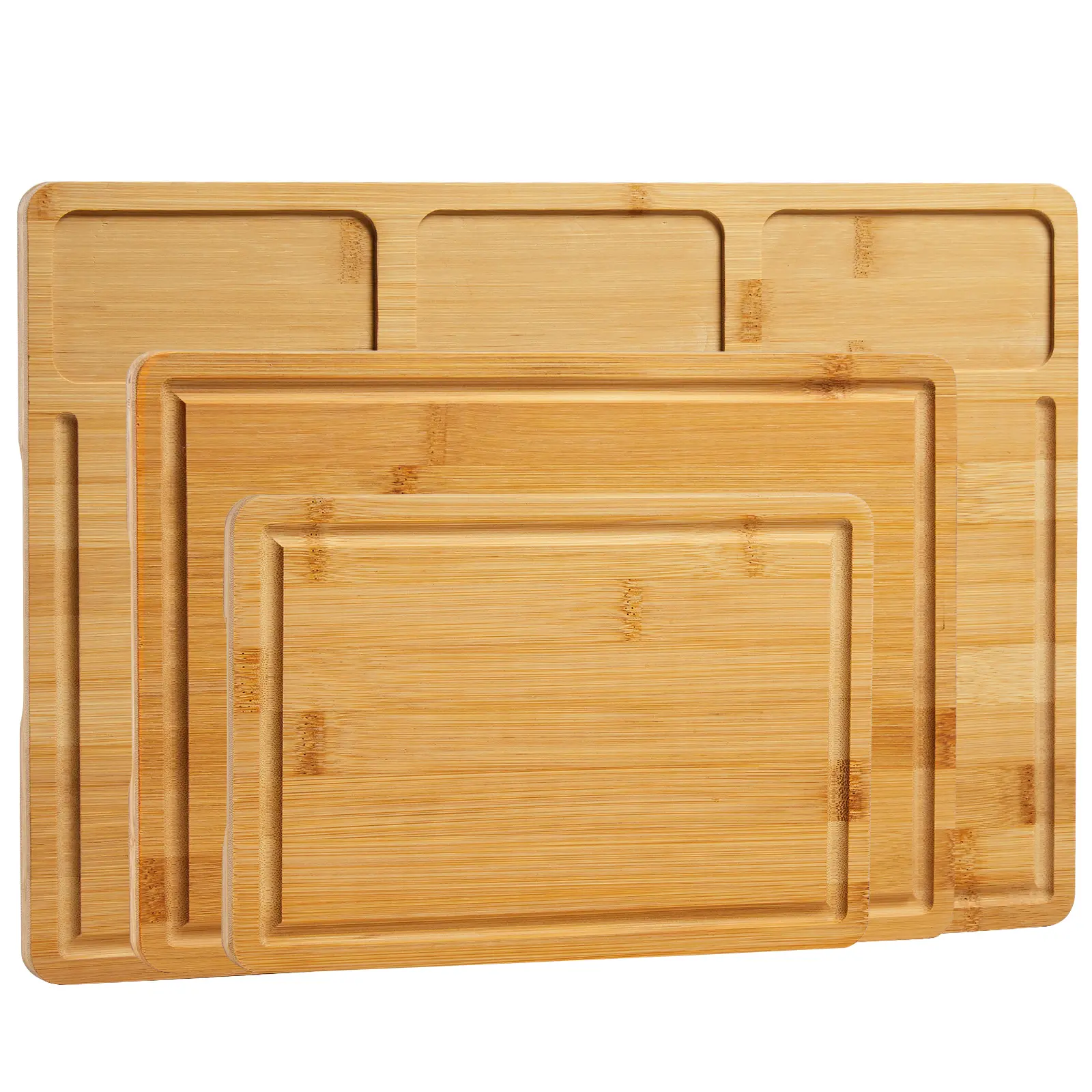 Premium 3-Piece Bamboo Cutting Board Set, Durable Kitchen Chopping Boards Designed with Deep Juice Grooves, Integrated Handles and Divided Storage Compartments, Multi-Size Prep Boards Suitable for Cutting Meat, Vegetables, Fruits and Cheese