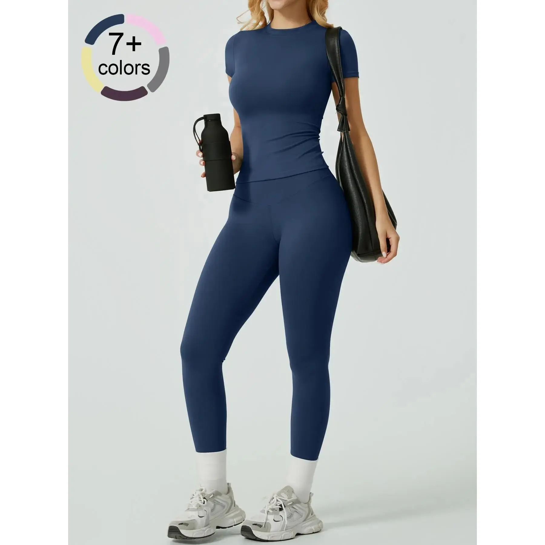 Women's Two-Piece Solid Ribbed Long Sleeve Tee & Leggings Sport Set, Casual Breathable Quick-Drying T-shirt & Skinny Pants Set for Yoga Gym, Ladies Sportswear for All Seasons, Workout Running Clothes, Gym Outfits