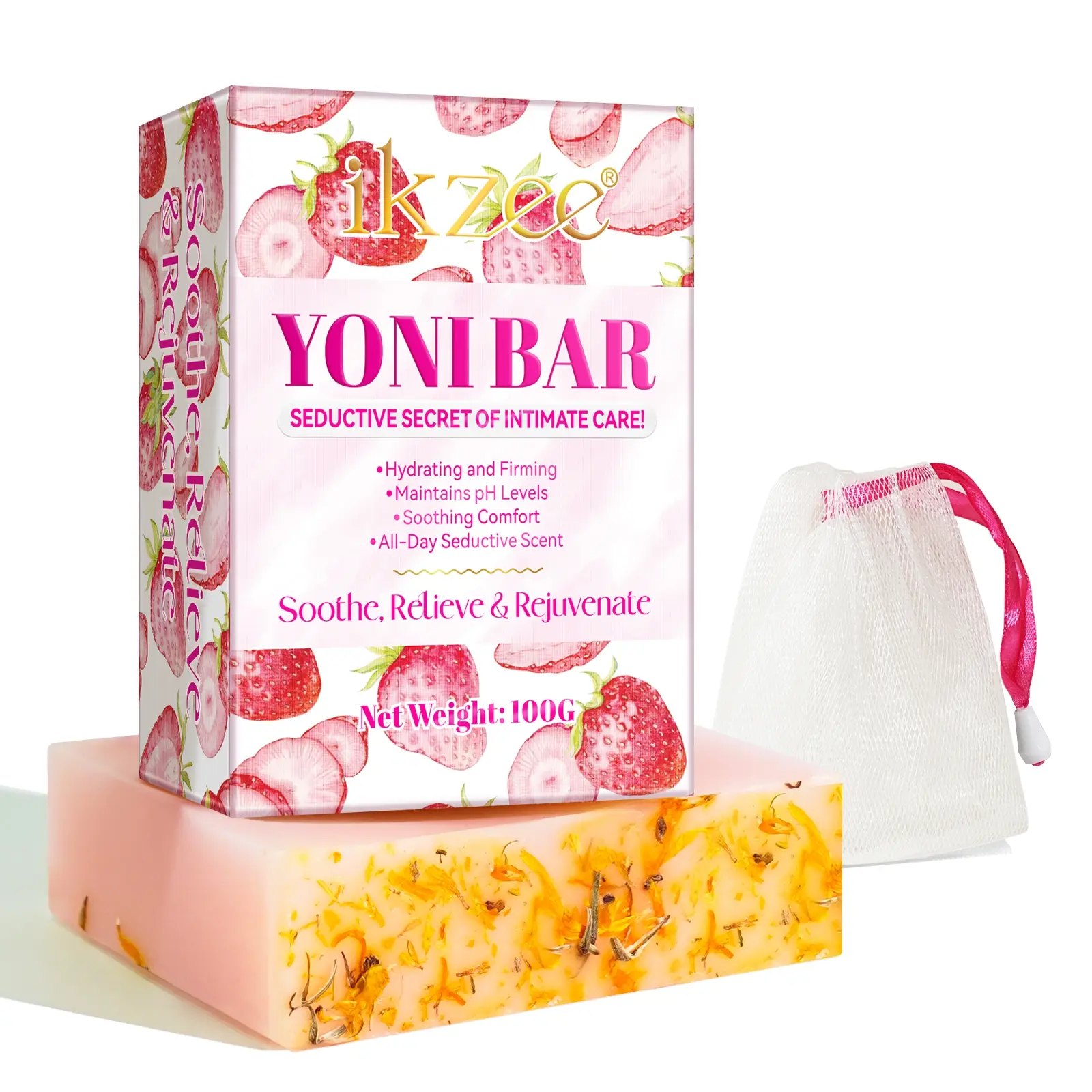 Ikzee Women's Yoni Soap 100g (strawberry Flavor, Scented), Deep Cleaning Skin, Cleansing, Moisturizing & Firming, Ph Balance Soap for Women