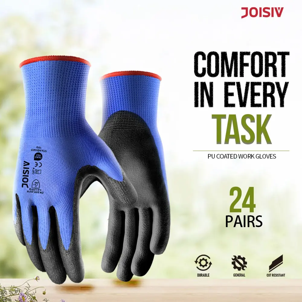 24 Pairs Blue PU Coated Work Gloves, Anti-Slip Durable Breathable Comfort, Ideal for Construction Warehouse Gardening Assembly Logistics