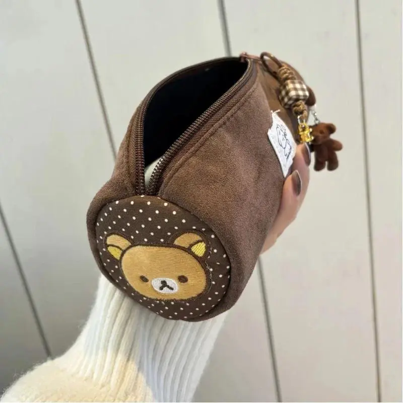 Kawaii Japanese Embroidered Rilakkuma Cylindrical Pencil Case Cute Large Capacity Stationery Box Student Stationery Storage Bag