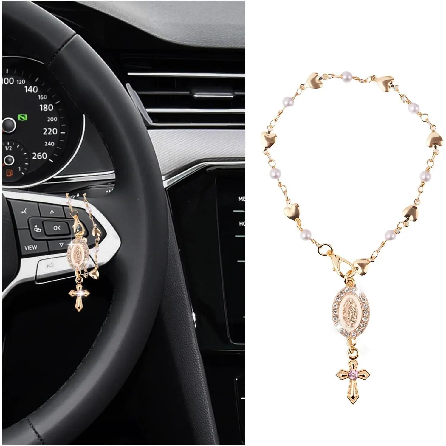 Christian Theme Metal Cross Charm - 5.31" Long Easy Clip-On Car Steering Wheel & Mirror Decoration Accessory, Metal Body