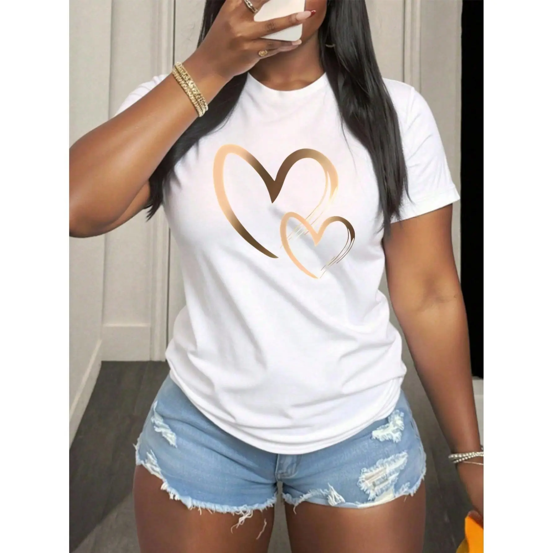 Unisex Round Neck Short-Sleeve Knitted T-Shirt, Polyester-Cotton Fabric, Geometric Gold Heart Design, Lightweight Loose Fit Sports Top, Casual Party Wear, Ideal Friend Gift