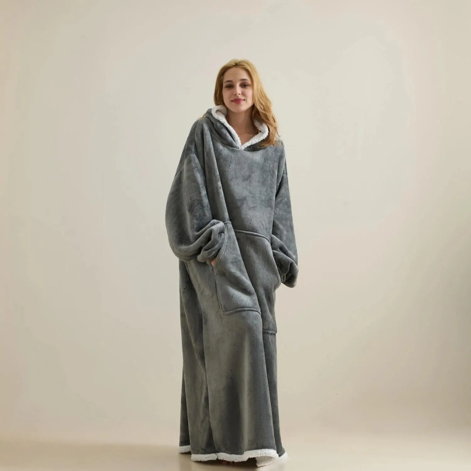Wearable Blanket Sweatshirt Gifts for Women and Men, Warm and Cozy Giant Blanket Hoodie, Thick Flannel Blankets with Sleeves and Giant Pocket - Light Grey