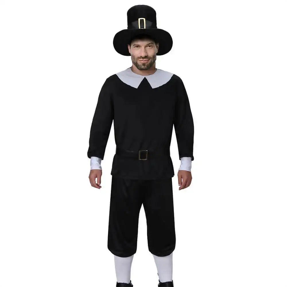 Men's First Pilgrim Polyester Cosplay Full Set - Colonial Menswear Uniform with Hat, Top, Belt, Pants, Socks, Takerlama Mens Clothing for Halloween Party