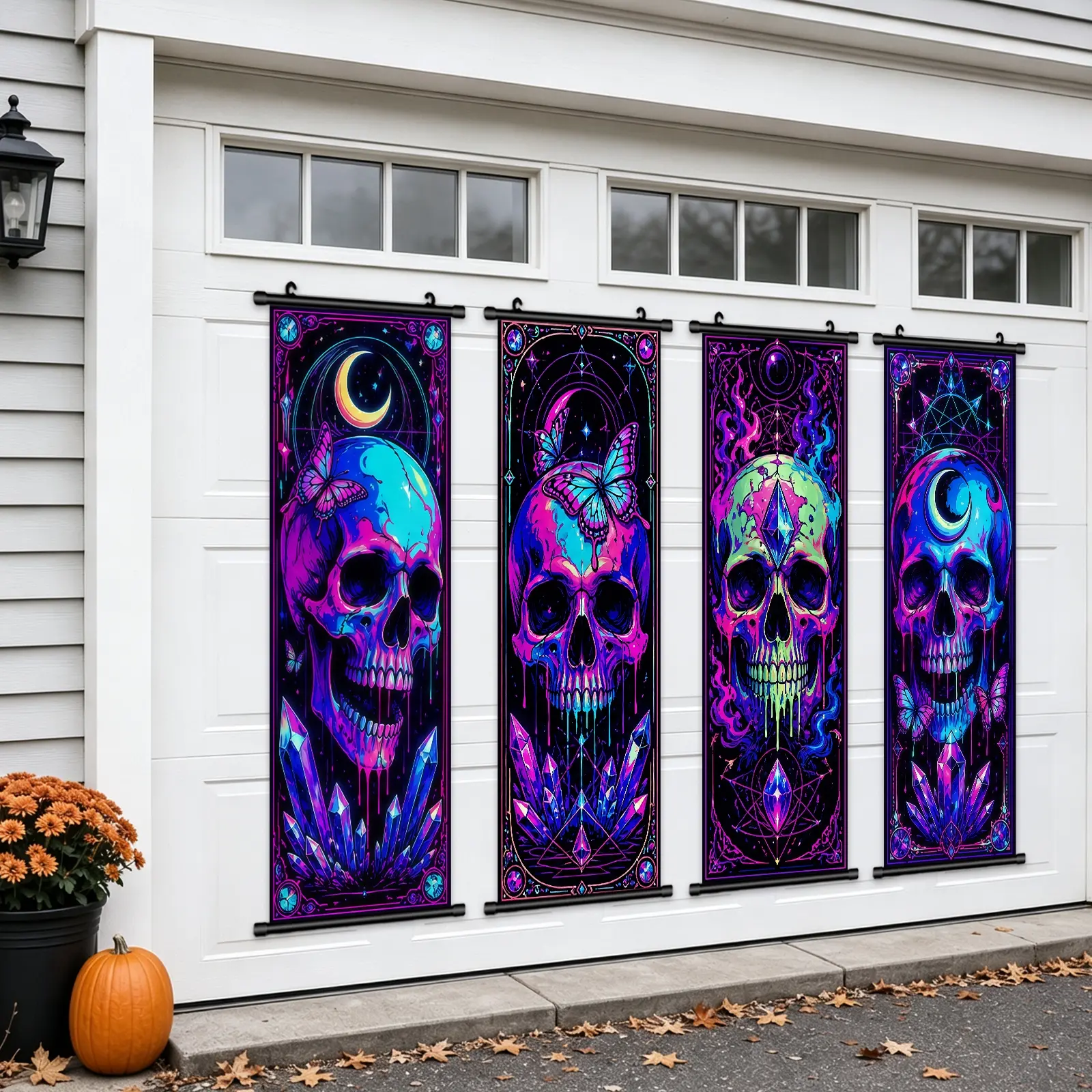 Halloween Decorations Large 4Pcs Mystical Neon Skull Portraits Vintage Vinyl Backdrop Decor Outdoor Horror Poster For Indoor Holiday Home Wall Art Wallpaper Hanging Porch Sign Banner Party Wall Decor High Quality Waterproof Painting Hd Artwork