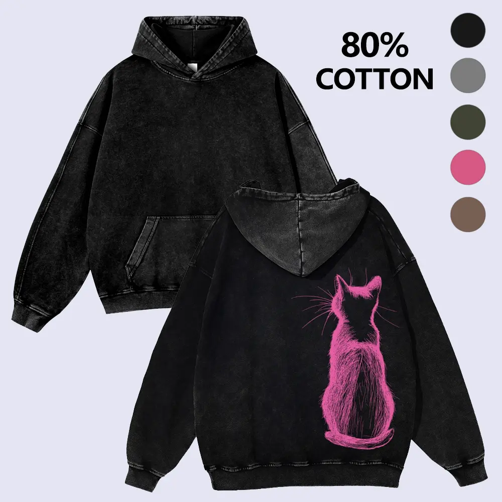 Pink Sketch Back View Cat Back Side Print Washed Oversized Hoodie Hand Drawn Sketch Kitty Silhouette Y2K Pattern 380g Autumn VIntage Washed Hoodie Graphic Sweatshirt
