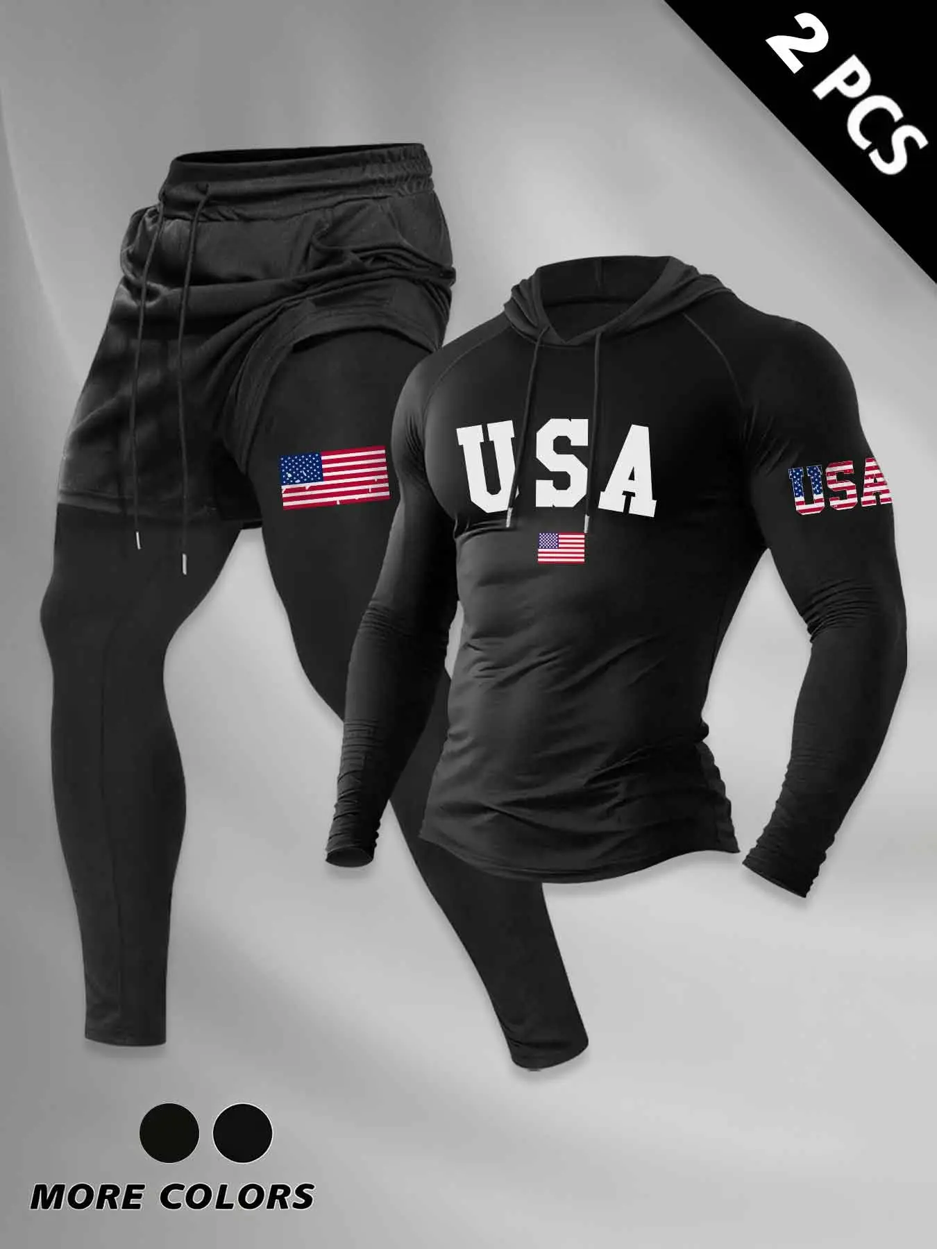 2 PCS Men USA American Flag Graphic Stretch Hooded Long Sleeve + 2-In-1 Double Layer Workout Pants Set, Quick Dry Moisture Wicking Compression Athletic Tracksuit For Weightlifting Gym Daily Training Outfits #gymtwopieceset #patrioticworkoutwear #2in1train