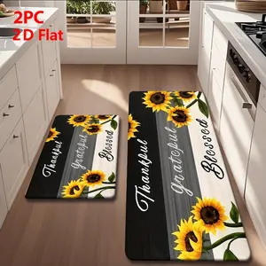 2/3pcs Flannel Kitchen Mat Set, 2/3 Piece, Wood Grain Base, Sunflower Edges, Non-Slip, Absorbent, Home Decor