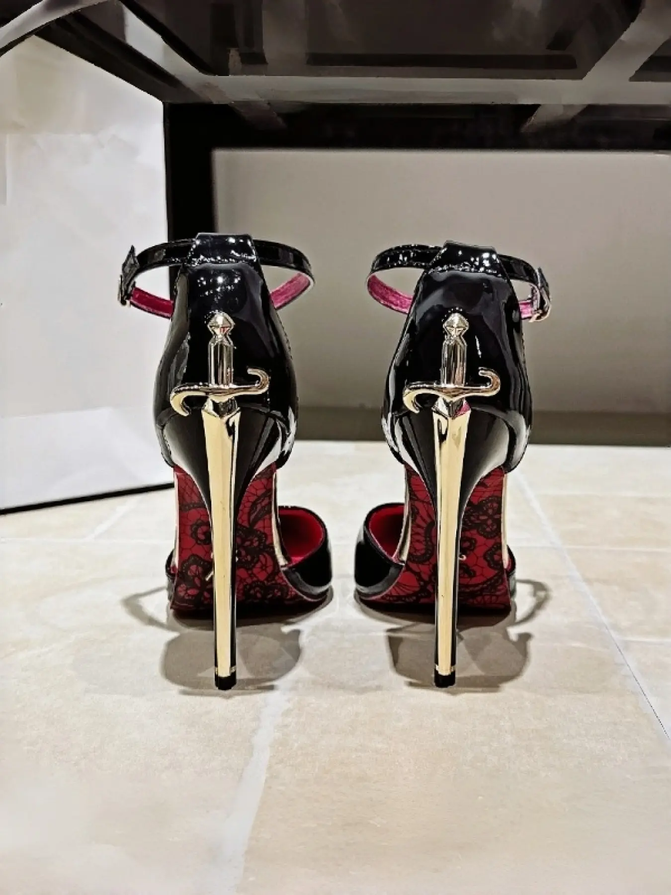 Women Hot Pink Patent Leather Stiletto Heels Sword Shaped Metal Heel Ankle Strap Pointed Toe Party Pumps Women Hot Pink Patent Leather Stiletto Heels Sword Shaped Metal Heel Ankle Strap Pointed Toe Party Pumps