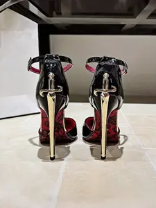 Women Hot Pink Patent Leather Stiletto Heels Sword Shaped Metal Heel Ankle Strap Pointed Toe Party Pumps