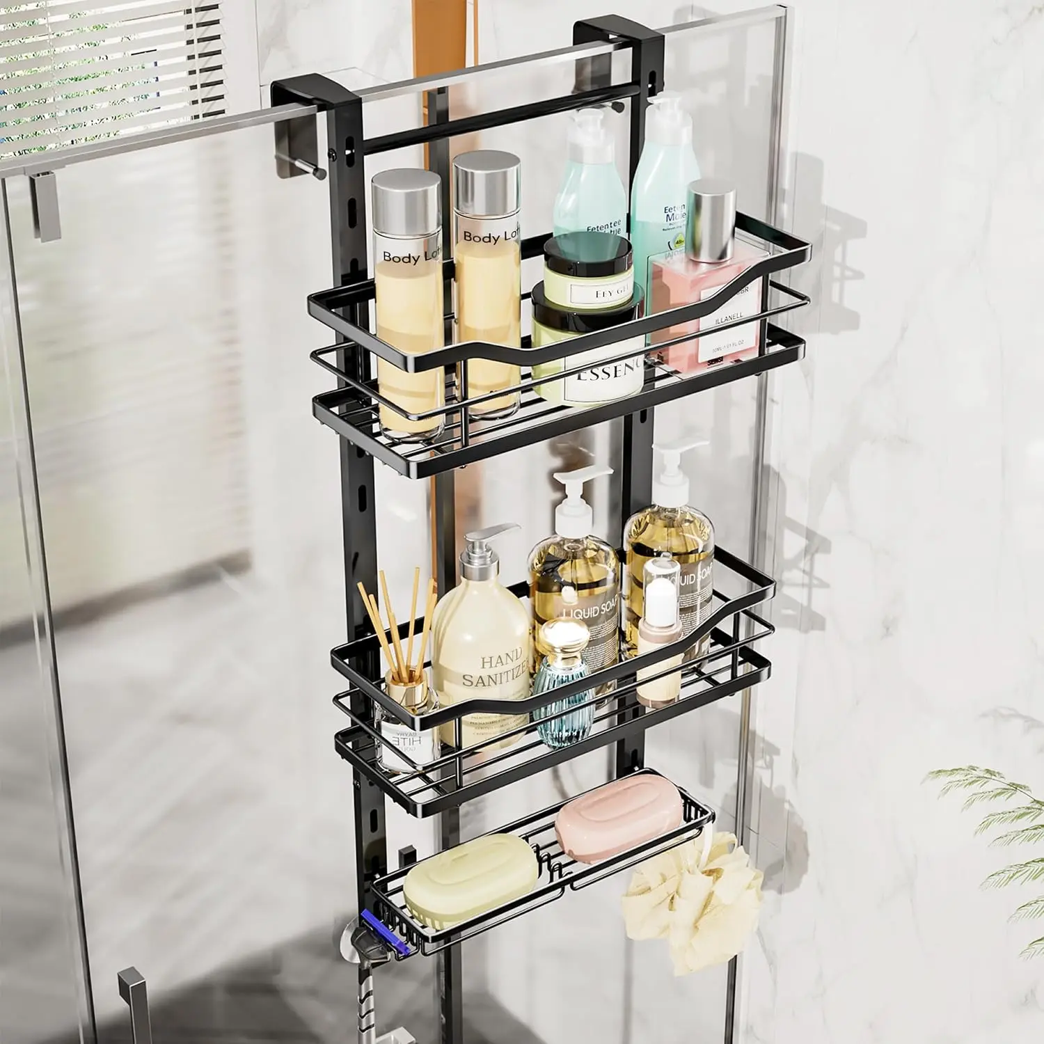 Over the Door Shower  - 3 Tier Adjustable Shower Organizer  with Soap Holder, No Drilling Stainless Steel Bathroom Rack  for  Wash, Shampoo, Soap, Razor, Black
