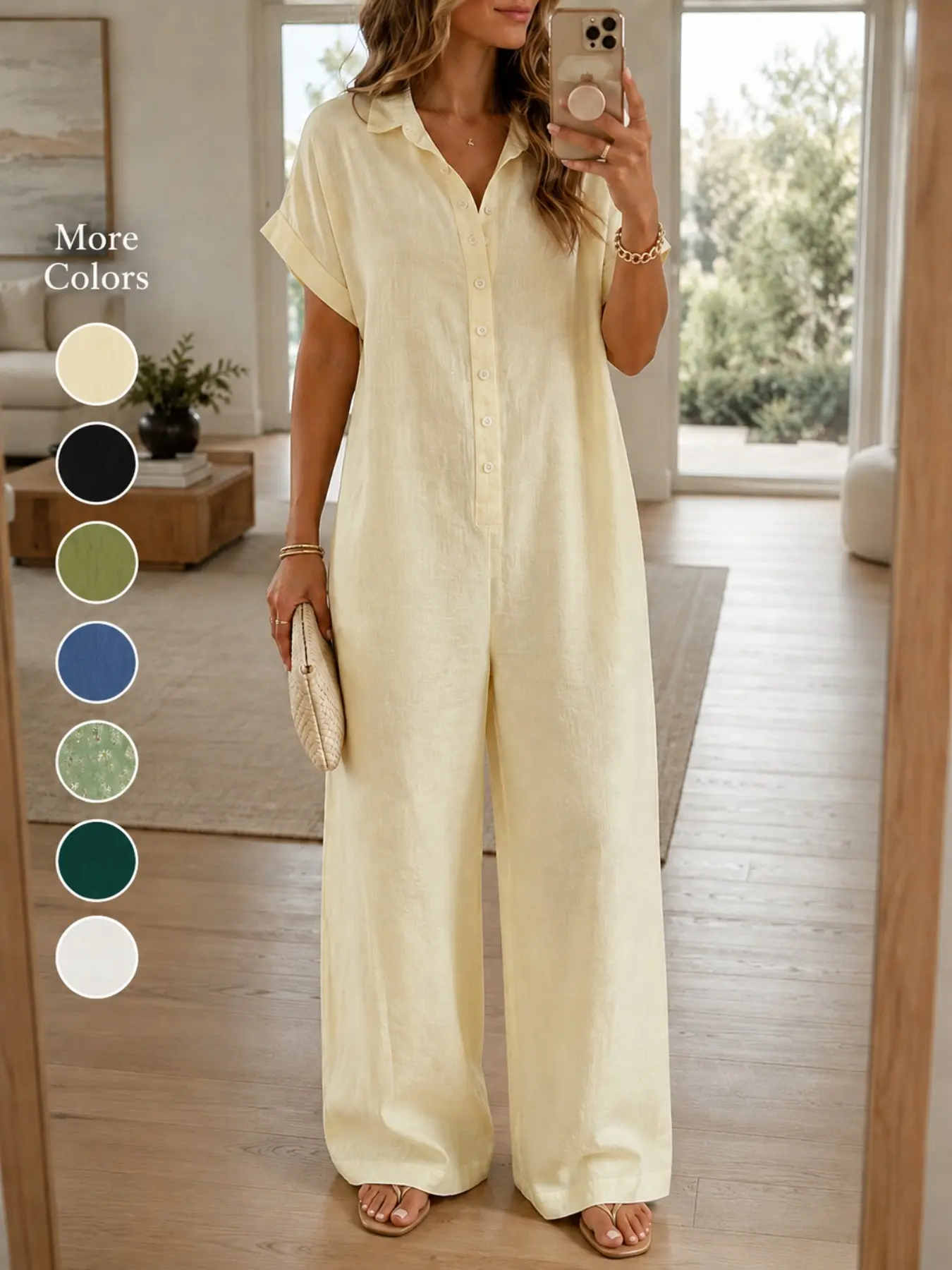Collared Short Sleeve Jumpsuit Overall, Casual Loose Fit, Above Ankle Length, Soft, Perfect for Home, Travel, Daily Wear