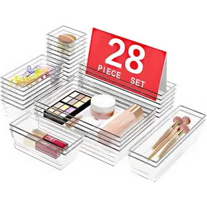 28 PCS Clear Plastic Drawer Organizers Set, 4-Size Versatile Bathroom and Vanity Drawer Organizer Trays, Storage Bins for Makeup, Bedroom, Kitchen Gadgets Utensils and Office