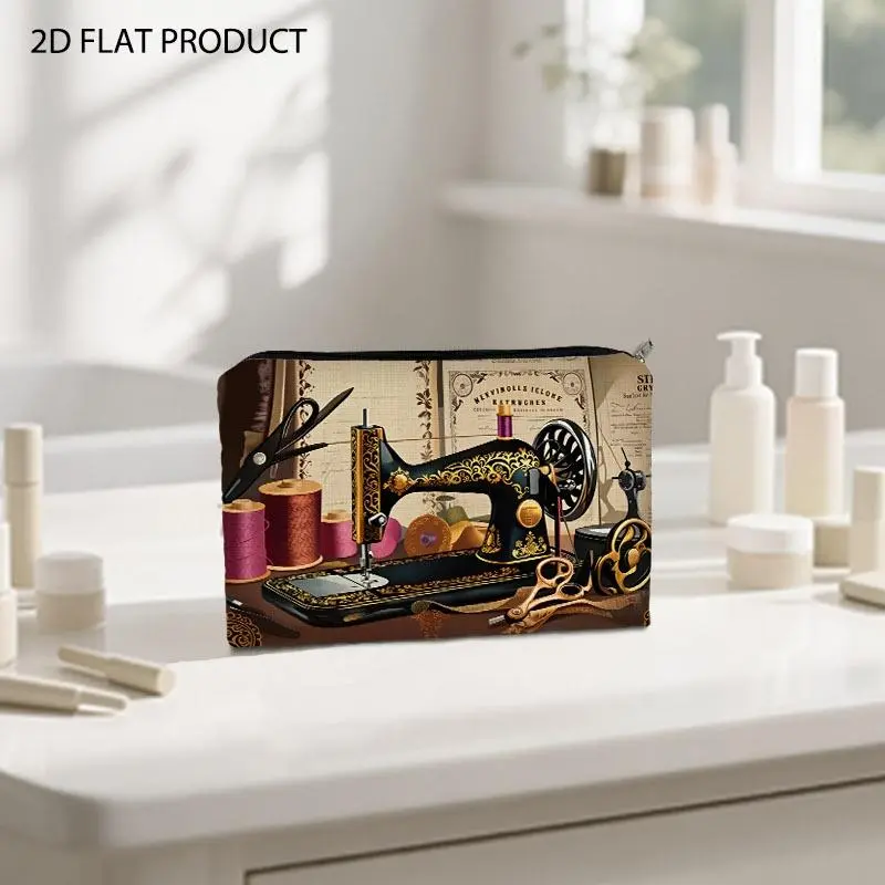 Vintage Sewing Tool Print Cosmetic Bag, Double-Sided Decorative Pattern with Ornate Sewing Machine, Colorful Thread Spools & Tailoring Elements, 5.9*8.66inch Portable Travel Pouch for Storing Makeup Accessories During Daily Outings & Short Trips