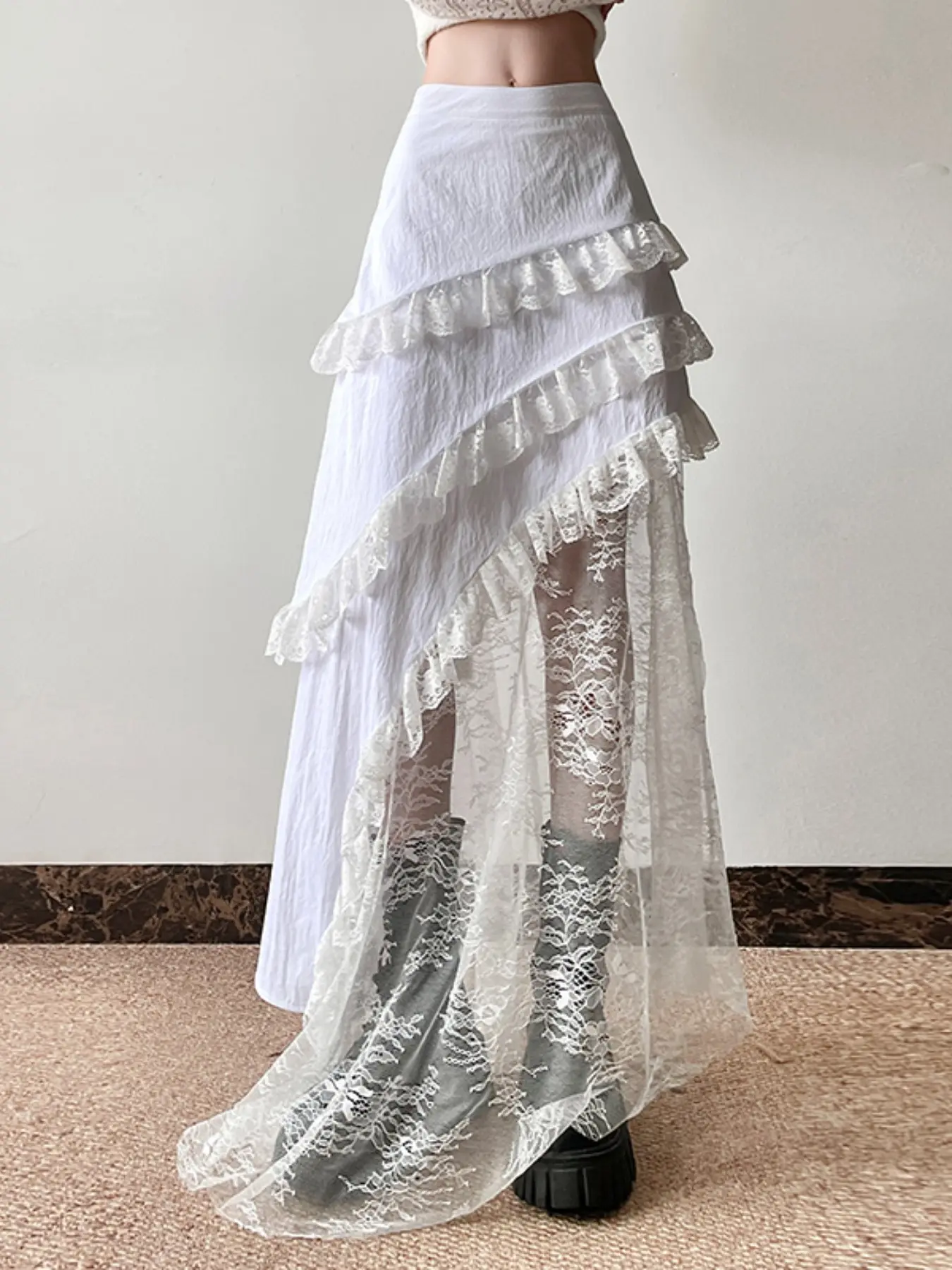 Asymmetrical Lace Maxi Skirt, High Waist Ruffle Layered Sheer Mesh, Irregular Long Skirt, Elegant Chic Coquette Fairycore Streetwear, High Waist Skirts