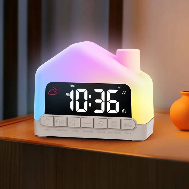 Kids alarm clock, wake-up alarm clock for kids, suitable for toddler sleep training, with 12-color night light & sound machine, for bedroom use, ideal birthday gift for boys and girls, Cute alarm clock