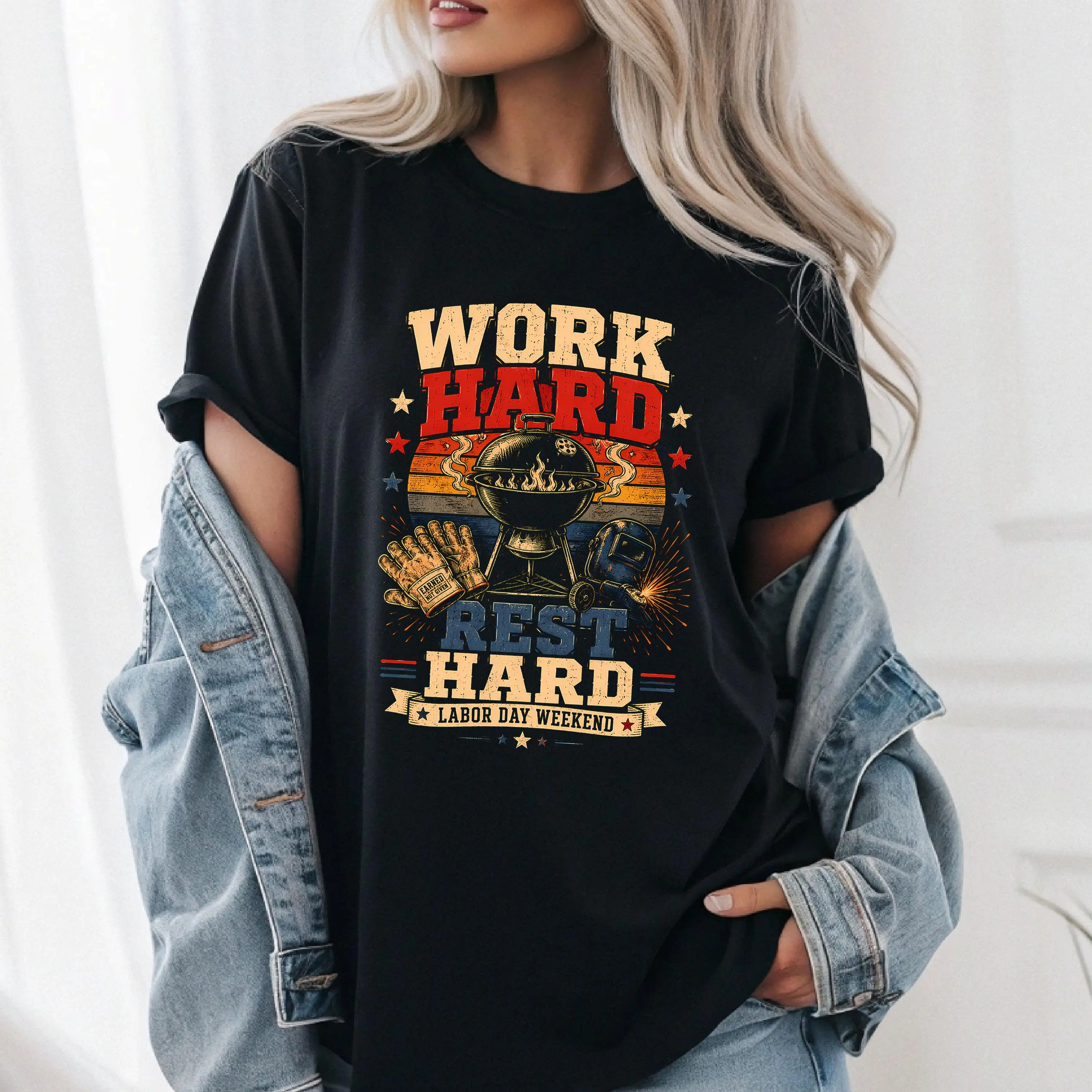 Work Hard Rest Hard Graphic Tee Clean Finish Heavyweight Premium Cotton Tshirt Front Print Labor Day Weekend Top Women Short Sleeve Crewneck Top Best Gift Men Loose Casual Top