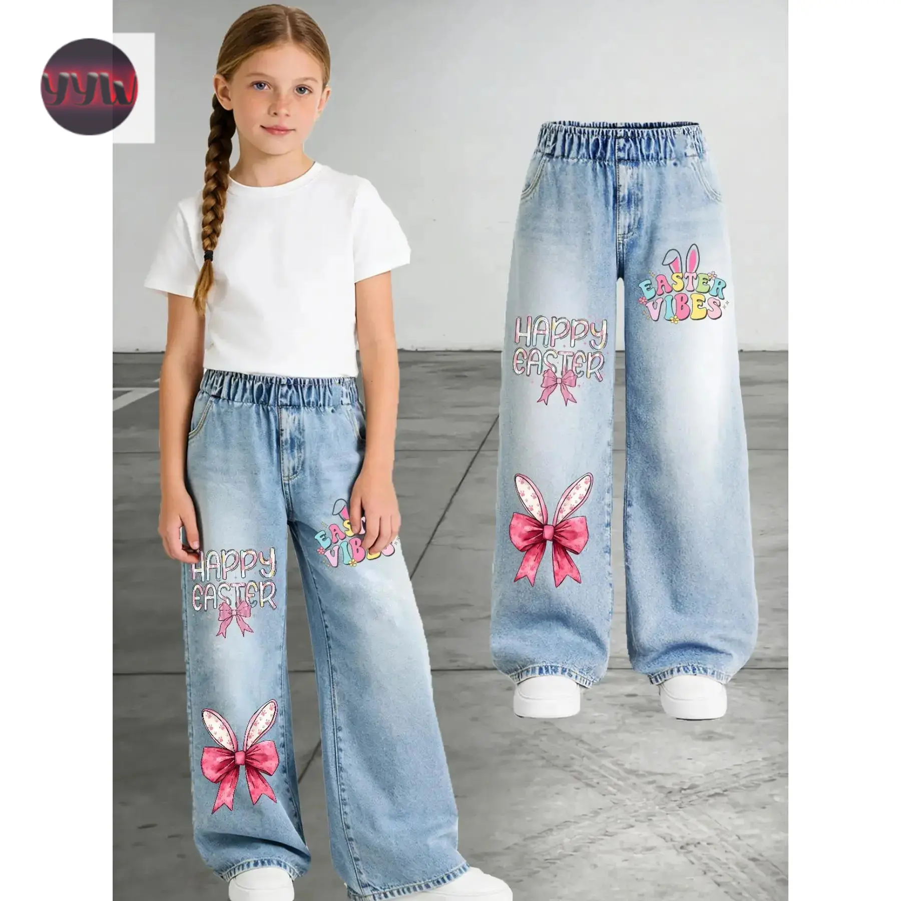 YYW1 Easter Girls Cartoon Print Jeans, Graphic Jeans, Casual Fitted Jeans, Easter Gift, Kids Clothing, Ages 4-14, Girl Fashion