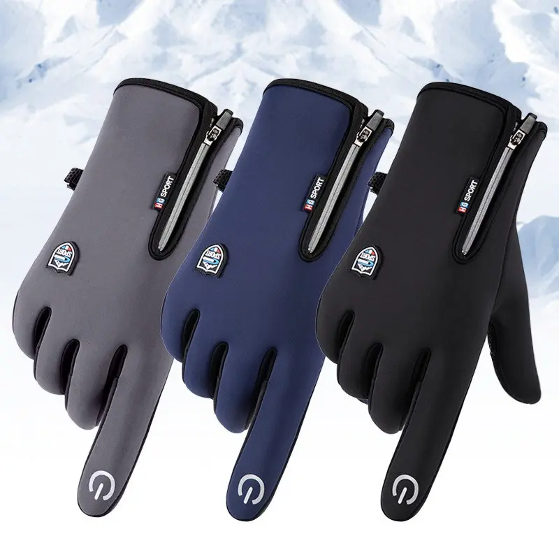 Full Finger Thermal Sports Gloves, Wind Resistant, Touch Compatible, Zipper Gloves for Cold Weather, Cycling, Skiing, Men Women
