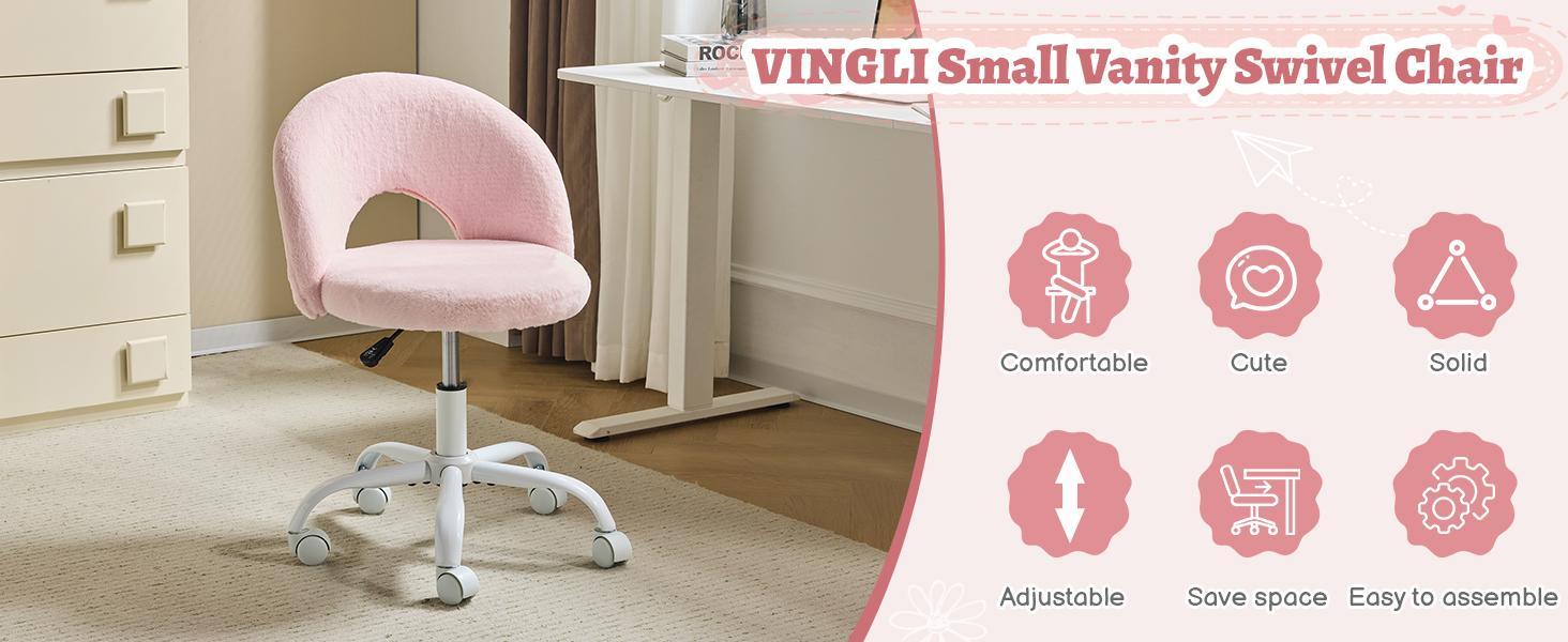 VINGLI Small Vanity Chair with Faux Fur Wheels for Girls,Cute Adjustable Height Armless Office Desk Chair,360°Swivel Comfy Rolling for Study,Make up Room,Small Space