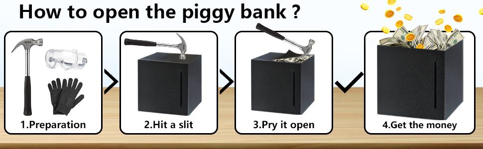 Stainless Steel Piggy Bank for Adults, Indestructible Savings Box for Cash, Must-Break-to-Open Metal Secure Money Banks for Kids, Unbreakable Coin Bank for Money Saving Plan (Black, 4.72inch)