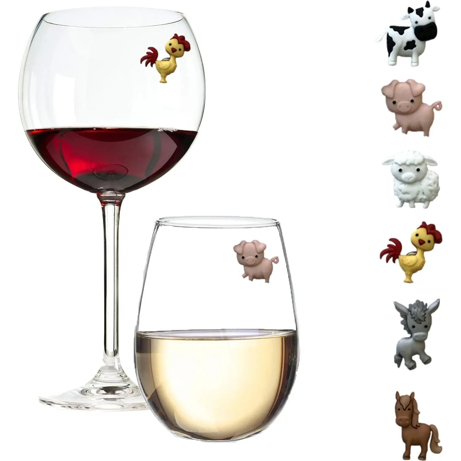 Simply Charmed Barnyard Farm Animal Wine Charms – Magnetic Glass Markers and Identifiers Set of 6 Wine Magnets