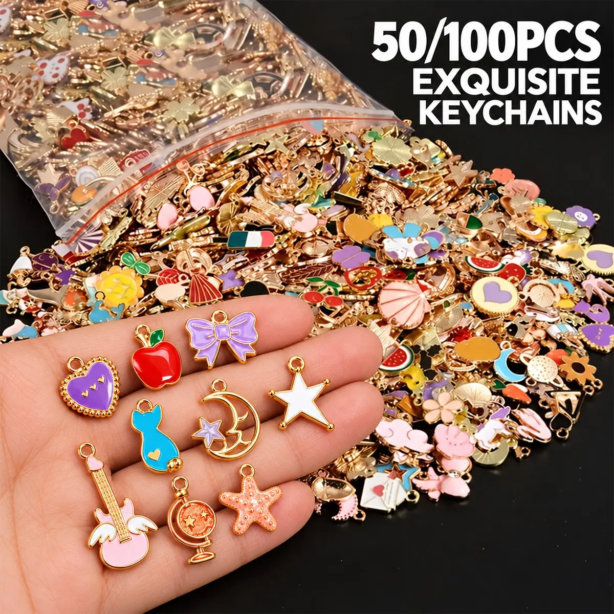 50/100 Pcs Mixed Enamel Pendants, Cute Animal Heart Flower Charms, Handmade Necklace Bracelet Keychain, Alloy Material, Moon Butterfly Strawberry