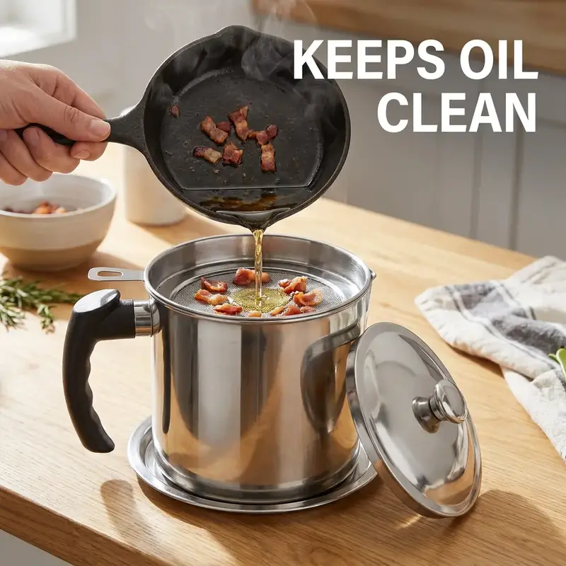 Stainless Steel Oil Pot with Filter, 1 Count Modern Kitchen Oil Dispenser with Tray & Lid, Bacon Grease Container, Cooking Oil Can, Kitchenware, Utensils, Top Kitchen Gadgets