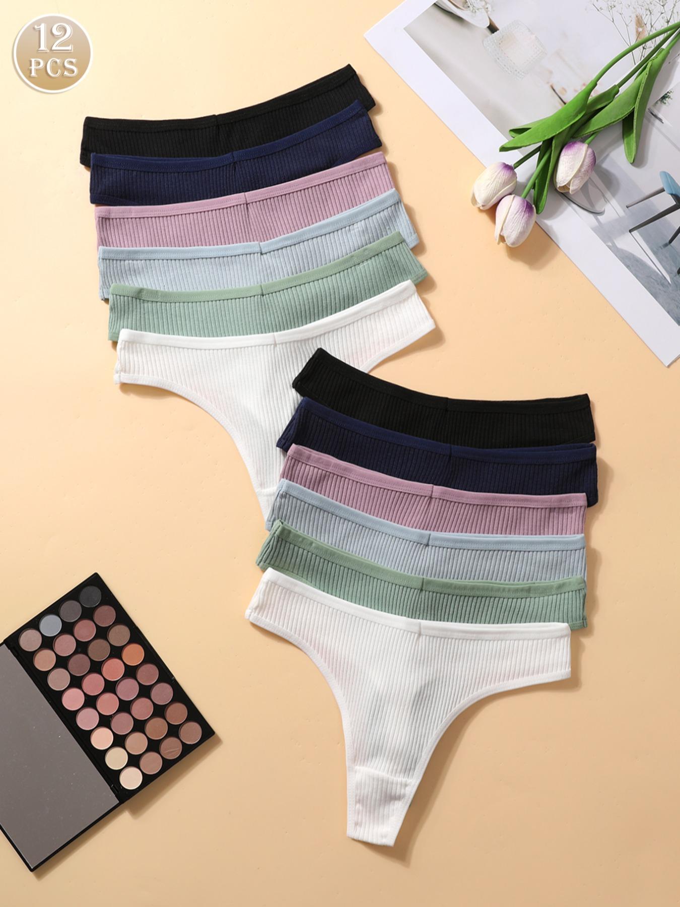 Women's 12pcs Solid Drop Waist Thong, Soft Comfy Breathable Knicker for Daily Wear, Ribbed Panty Underwear for All Seasons