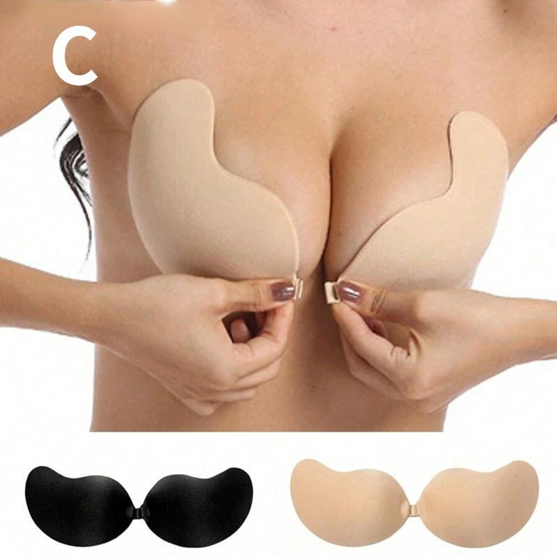 Multiple Sizes 2 Pieces Invisible Push-Up Bra No Back Strapless Bra Seamless Front Buckle Bra Lingerie Women's Self Adhesive Silicone (Black + Apricot Yellow)