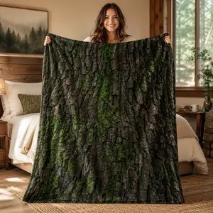1pc Forest Bark Moss Texture Flannel Blanket, Realistic Tree Bark Green Moss Nature Print, Soft Warm Throw for Sofa Bed Office Camping Travel Father’s Day Christmas Gift