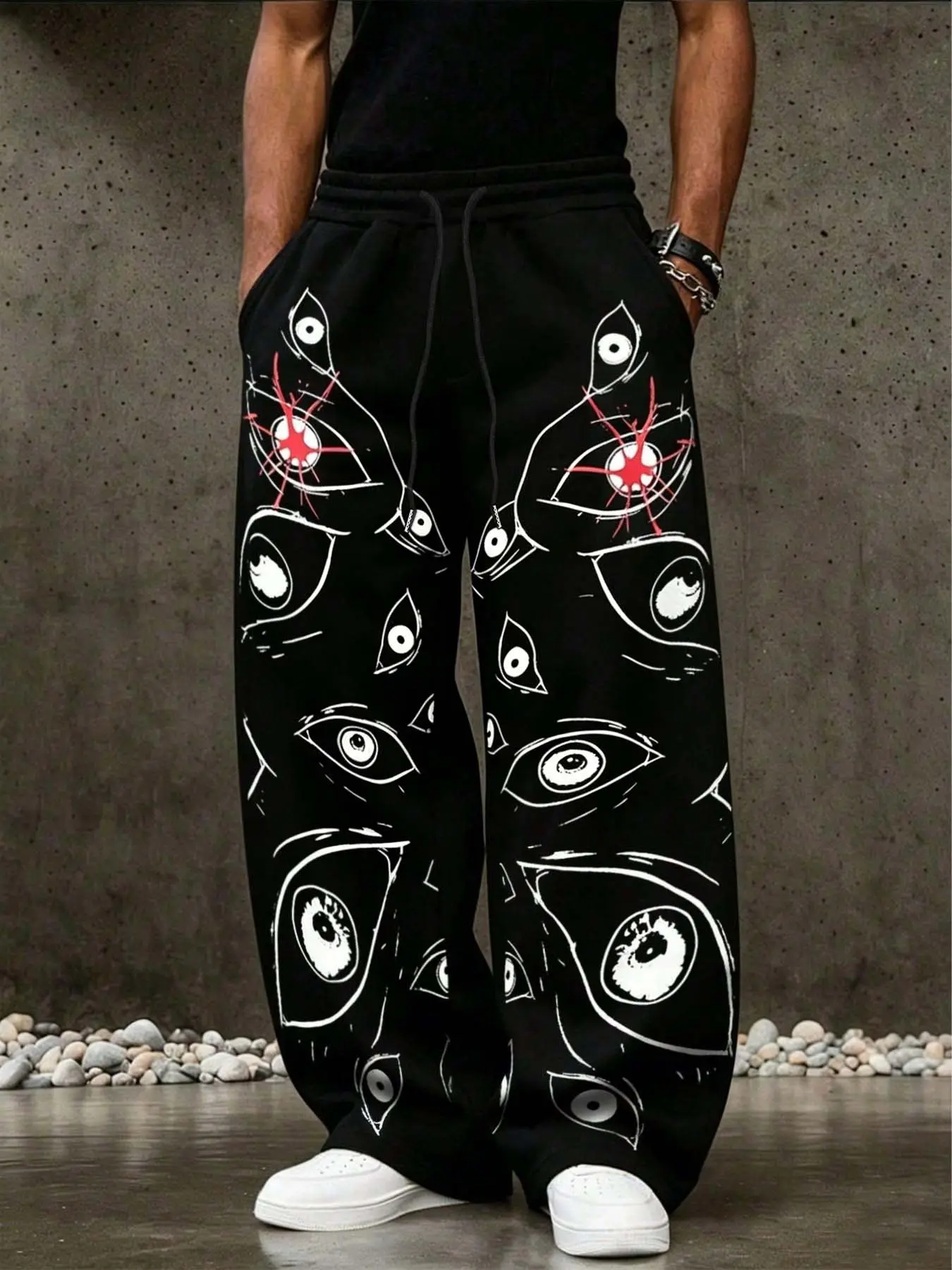 Men's Fashion Casual Street Style Pants, Creative Eye Graffiti Print, Fitted Geometric Pattern, All Seasons Wear, Daily Comfort