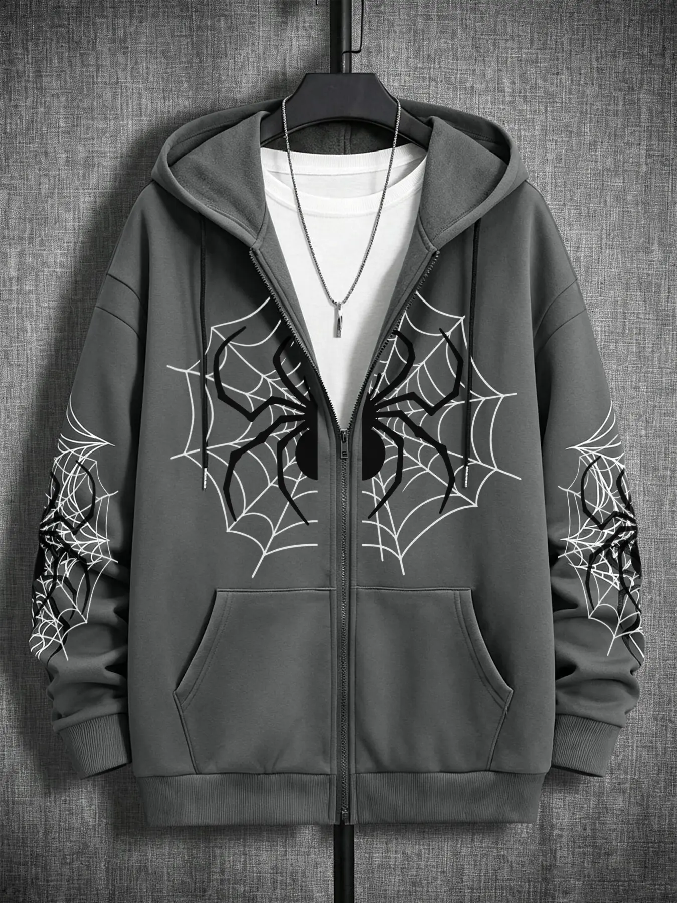 Men's Casual Hooded Zipper Fleece Sweatshirt Cardigan, Unique Spider Print, Halloween Fashion, Fall & Winter Street Style