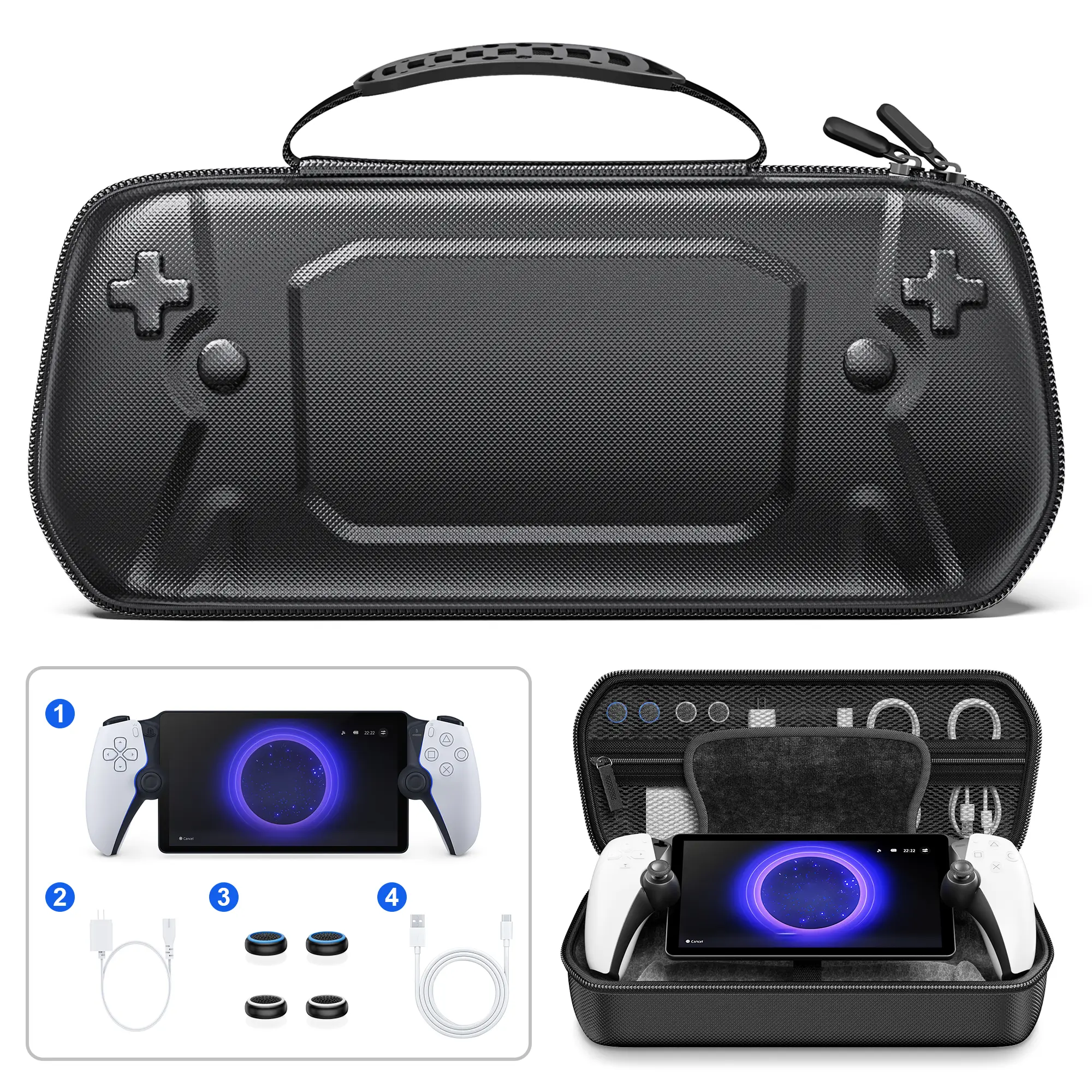 BEBONCOOL Crystal Protection Case for PS5 Portal Handheld Game Console - Durable PU Textured EVA Shell, Waterproof Splash-Resistance Cover, Sturdy Brick-Stone Rubber Grip Handle, Zipper Closure, Cable Storage Slot, Ideal for On-the-Go Use, Ps5 Handheld, M