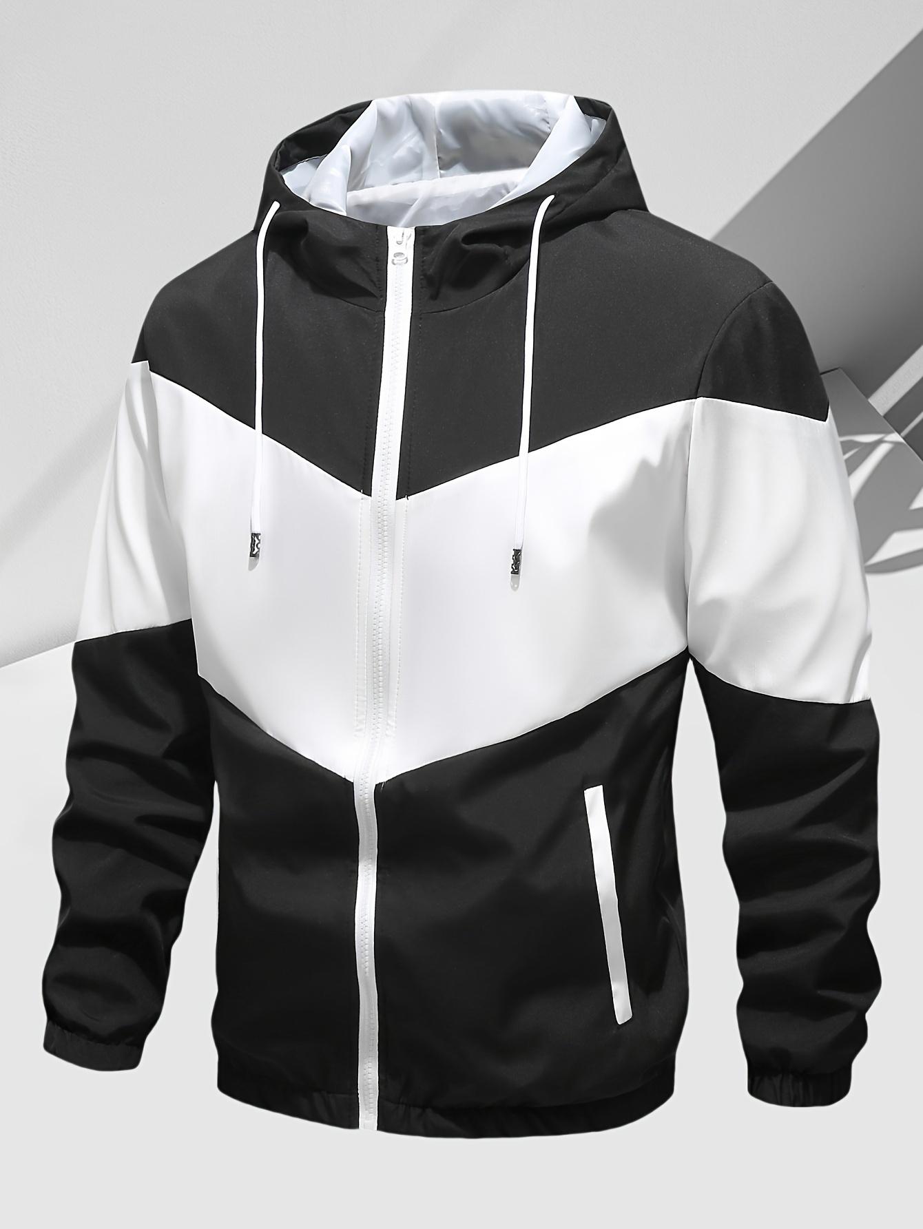 Men's casual two-piece set, stylish contrasting zipper hooded jacket, breathable solid color drawstring pants