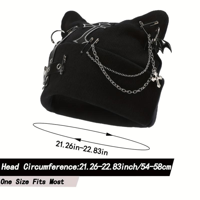 Women’s Gothic Cat Ear Beanie with Punk Chain & Bat Charm, Y2K Grunge Winter Cap, Adjustable, Machine Washable, Black Streetwear Accessory