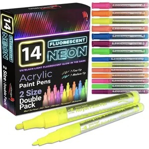 14 Pack Neon UV Fluorescent   Pens, Double Pack of Both Extra Fine and Medium Tip  Markers, for Rock Painting, Mug, Ceramic, Glass, and , Water Based  and No Odor