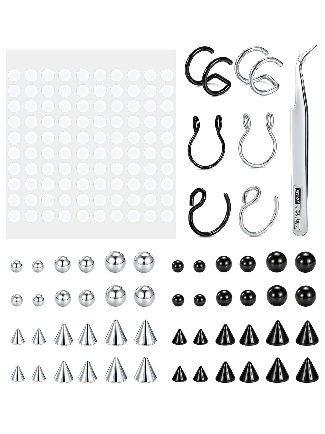 Fake Nose Ring Hoop Fake Eyebrow Ring Fake Lip Labret Studs Faux Piercing Nose Cuffs Replacement Balls Spike with 100pcs Sticker Non-Piercing Body Jewelry Fake Skin Piercing