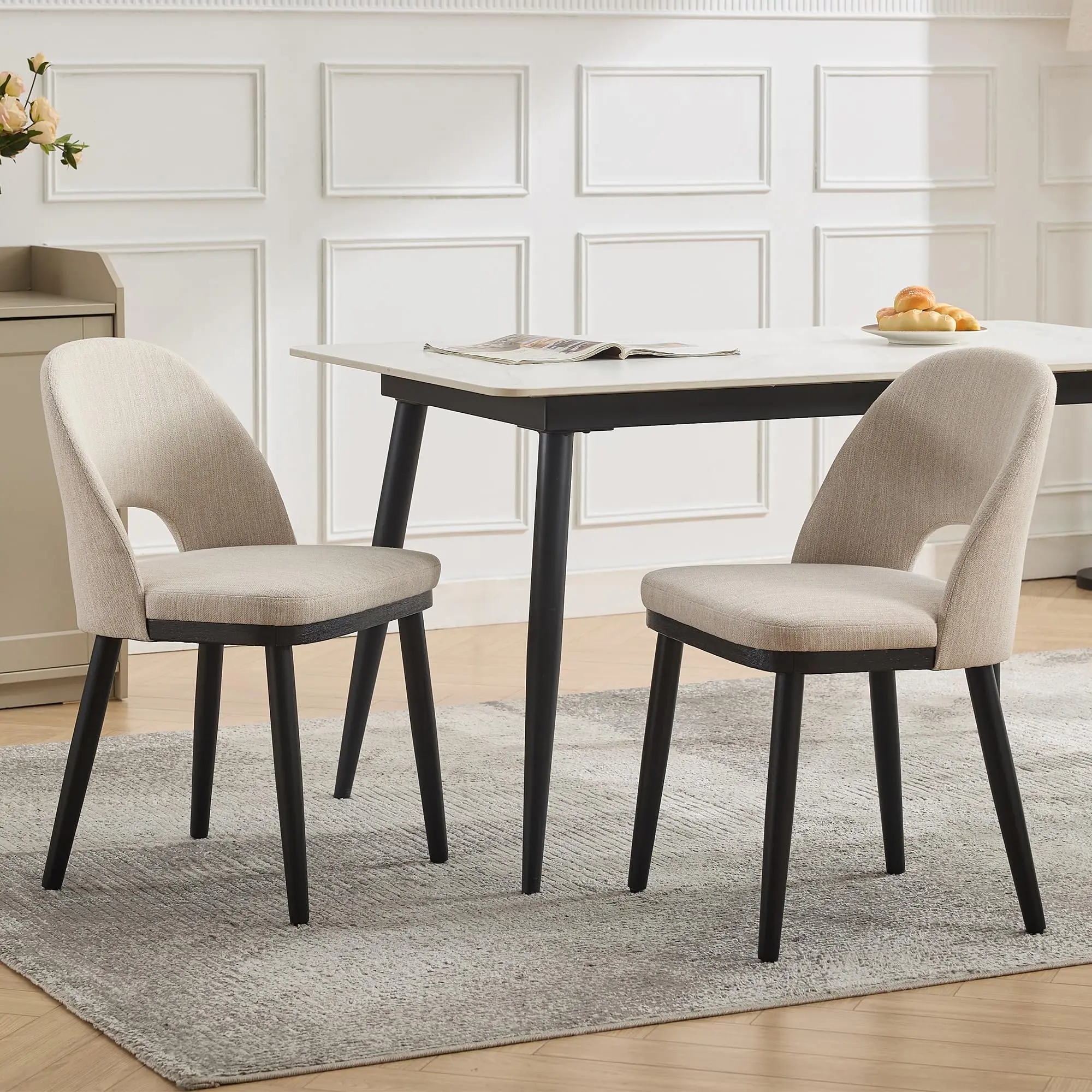 Dining Chairs Set of 2, Modern Fabric Upholstered Kitchen Side Chairs, Ergonomic Curved Backrest, Oak Wood Legs, 300 LB Capacity, for Restaurant/Cafe, Only Chairs