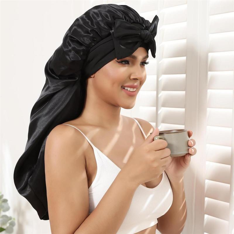 AWAYTR Single Layer Long Satin Bonnet Adjustable Silk Like Hair Bonnets for Women Sleeping Cap for Hair with Elastic Tie Band Hair Care Cap Haircare