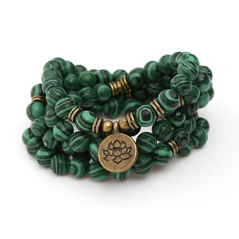 8mm Green Moss Texture Moss Agate 108 Mala Bead Design Necklace with Lotus Charm, Healing Energy Crystal Prayer Beads, Multi-Wrap Sports Wristband Bracelet for Yoga Meditation