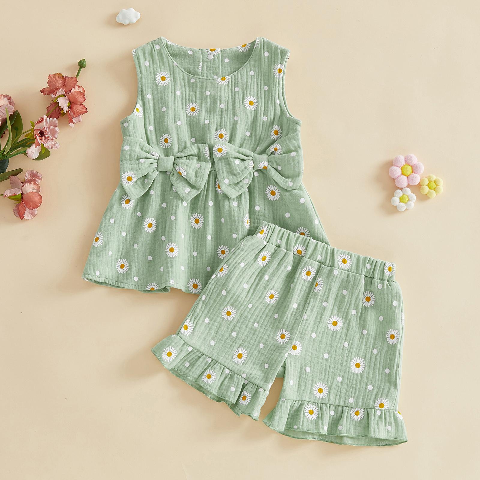 Toddler Baby Girl Outfit Summer Clothes Bow Print Bowknot Smocked Camisole Tank Top Ruffle Shorts Set