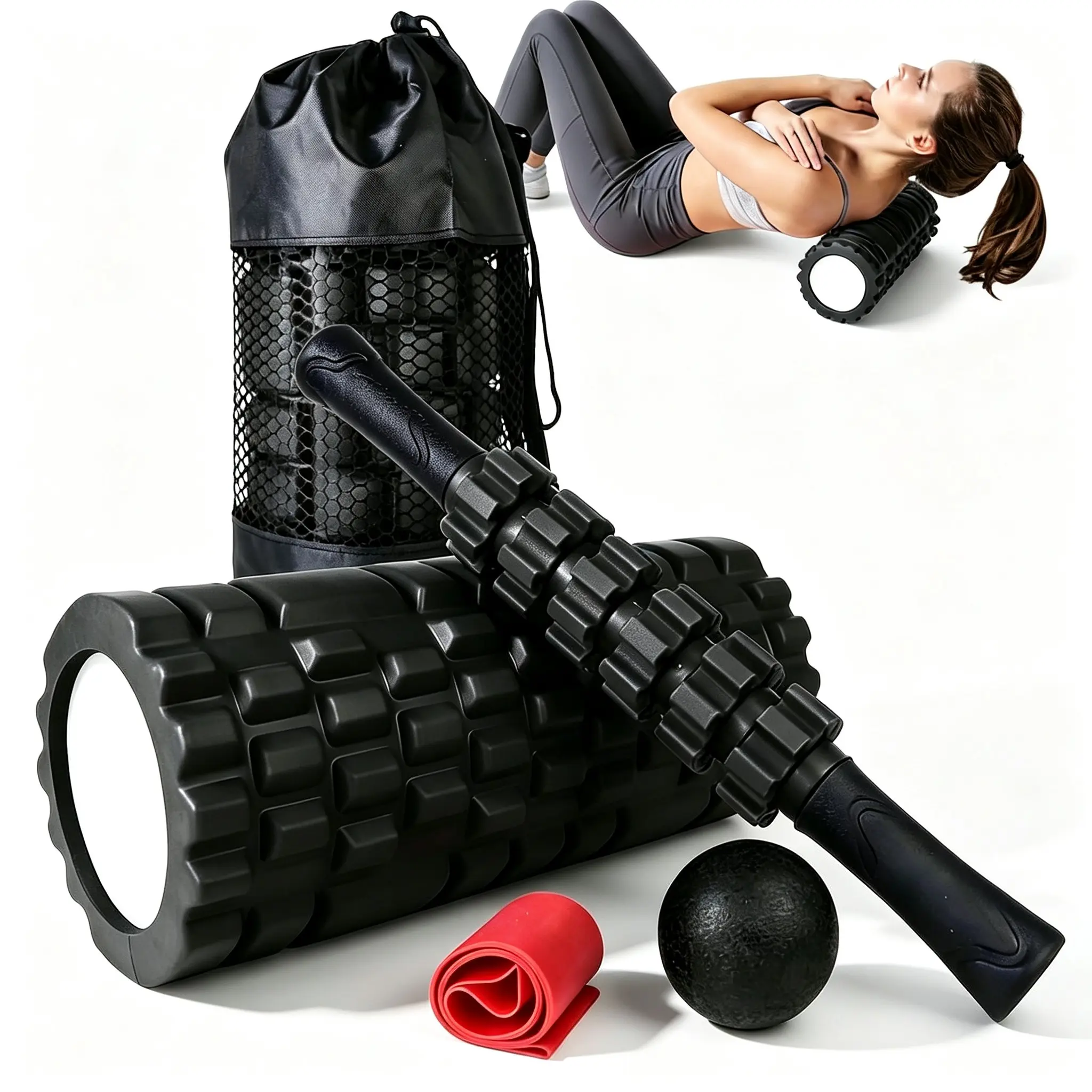 5-In-1 Foam Roller Massage Set, Trigger Point Muscle Recovery Kit, Deep Tissue Relief, Gym Yoga Post-Workout Use, Includes Massage Stick Ball Band